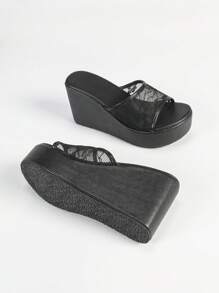 女士厚底拖鞋，春夏新款坡跟厚底简约绑带透气网面黑色凉拖，女士坡跟厚底凉鞋，时尚夏季圆头户外厚底休闲鞋，百搭大码女鞋，黑色派对鞋，旅行必备 - 黑色 - 查看 7