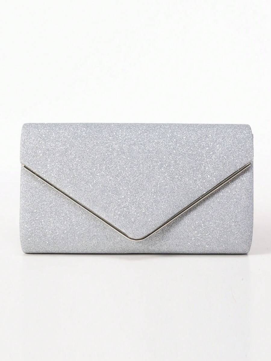 Fashionable & Elegant Shiny Square Clutch Bag, Evening Bag - Silver - View 1