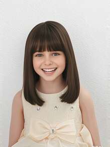 儿童短棕色鲍勃假发儿童女孩巧克力棕色鲍勃假发带刘海角色扮演派对合成假发玫瑰网日常佩戴假发 - 深棕色 - 查看 6