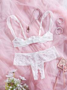 Sexy Lingerie, Fashionable White Lace Lace Lingerie Set, No Cup Bra And G-String Panties
