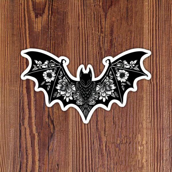 1PC Whimsical Floral Bat Stickers - Decals For Moon Journals, Herb Jars & Gothic Tea Cups - Botanical Nightlife Charm, Spooky-Cute Contrast & Moonlit Garden Vibes - Perfect Gift For Cottage Goths And Botanical Bat Enthusiasts
