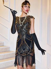 Elegant And Sexy Gatsby Ball Gown Tassel Sequin Shiny Round Collar And Knee Hip Dress, Party Dress, Wedding Guest Dress, Prom Dress - Black Gold - View 5