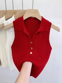 1 pieza Polo de punto sin mangas con cuello falso de ajuste corto para mujer con botones dorados, negro, blanco, albaricoque, rosa, morado
