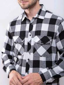 Men's Long Sleeve Plaid Flannel Shirt - 白色 - 查看 2