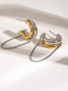 Uworld 1pc Women's Streamlined Symmetrical Gold And Silver Color Blocked C-Shaped Tassel Line Earrings 18K Gold Stainless Steel Earrings Suitable For Daily Communicating Decoration Party And Travel