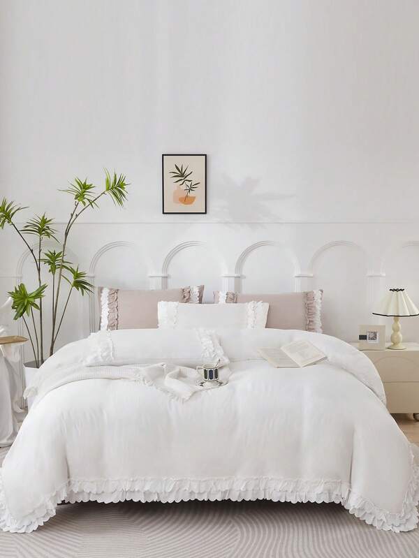 3-teiliges Polyester & Polyesterfaser Doppellagiges geprägtes Blumendesign Tagesdecke Set, 1 Stück Tagesdecke & 2 Kissenbezüge, charmantes französisches Wellendesign