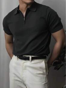 Men's Summer Half-Zip Short Sleeve Polo Shirt, Business Casual Knit Top With Collar, Stretch Fashionable