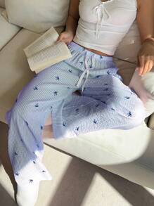 Casual Vacation Cute Sweet Ruffle Bow Striped Loose Low-Waist Straight Elastic Waist Drawstring Pants - Blue - View 3