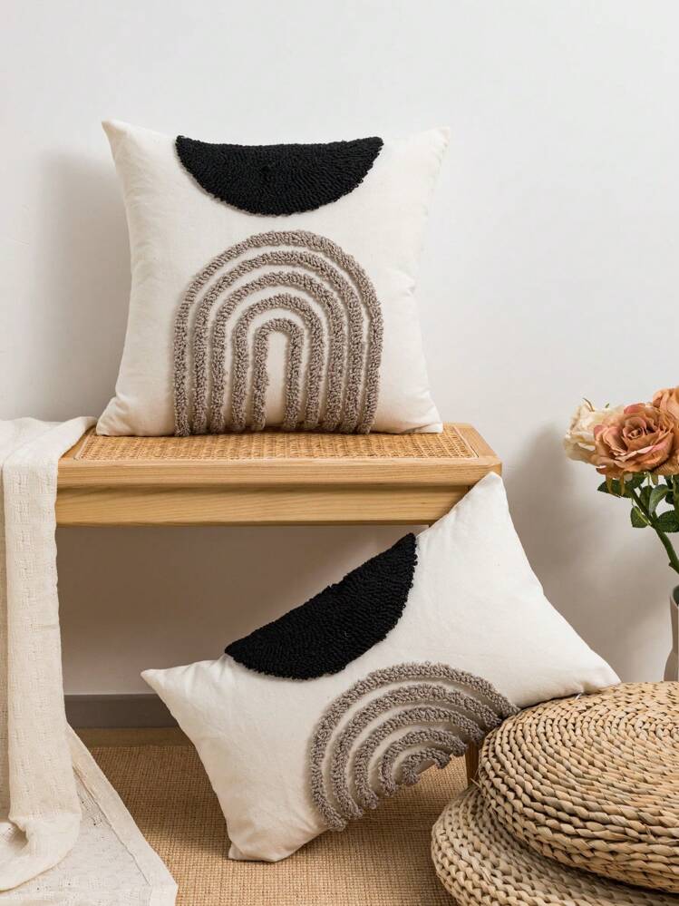 1個/2個セット セミサークル幾何学模様 ブラック&コーヒーカラー クッションカバー、キャンバス&ベルベット刺繍仕上げ スクエアクッションカバー ベッドルーム、リビングルーム、ソファ、ガーデンデコレーション用、30*50cm、45*45cm、50*50cm (中身なし) - グレー - 見る 4