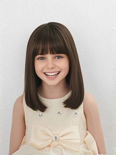 Peluca corta de bob de color marrón para niñas, peluca de bob de color marrón chocolate con flequillo para disfraz, fiesta, uso diario, sintética con redecilla rosa