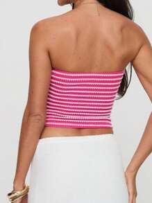 Women Stripe Cropped Fitted Fashionable Bandeau Top - Hot Pink - View 5