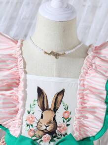 Easter Theme Young Girl Vintage Style Dress, Cute Rabbit Print + Bow Design, A Charming Dress Specially Made For Easter, Birthday Party, With Ruffled Hem And Pink Bow Decor, Lightweight And Lovely
