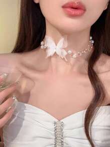 1件优雅奢华白色花朵和仿珍珠女士颈链，适合婚礼、日常佩戴、度假和情人节配饰 - 白色 - 查看 6
