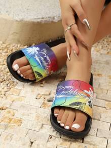 Women's Coconut Tree And Sea Turtle Pattern Slippers, Casual EVA Slip-On Open-Toe Soft Bottom Shoes, Comfortable Indoor House Bathroom Slides