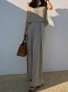 2 Peças Conjunto de Jaqueta de Gola Redonda e Calça Perna Larga com Inspiração Vintage, Estilo Casual e Confortável de Cidade, Tecido Tecido 170g