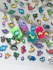 Pegatinas populares y lindas de dinosaurios de diferentes colores y variedades de dinosaurios de dibujos animados para decorar las uñas en el salón de belleza