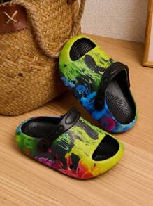 1 Pair Boys' Comfortable & Fashionable Casual Ink Tie-Dye Printed Lightweight Soft Flat Slide Sandals, Spring/Summer - Multicolor - View 2