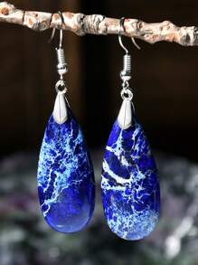 Brincos pendurados em formato de gota vintage, decoração de pedra natural, estilo boêmio retrô, enfeites de orelha para feriados, gradiente de cor, azul e verde