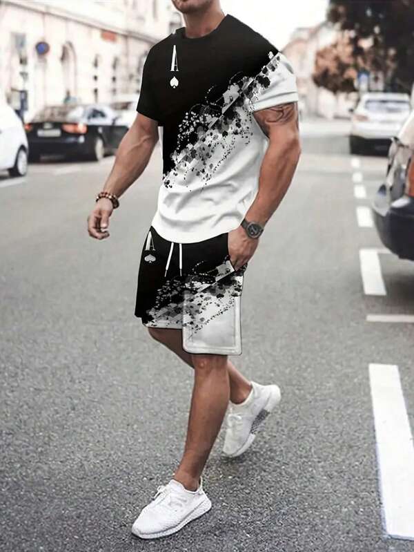 2 piezas Conjunto de ropa estampada digital de bloque de color de moda para hombres, Conjunto de camiseta de manga corta y pantalones cortos con bolsillo para hombres, Uso en verano y calle