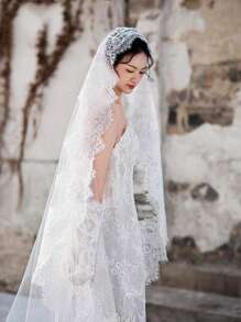 1pc Romantic, Lightweight 3 Meters Lace Trim Bridal Wedding Veil, Elegant For Outdoor, Lawn, Church Wedding Photography Fall Clothes For Women - Beige - View 5