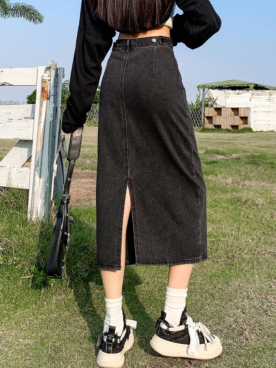 女式休闲可调节腰部做旧复古风格宽松开衩牛仔裙