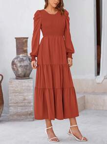 Women's Spring Wedding Guest Puffy Long Sleeve Maxi Dress Casual Round Neck Drawstring Layered A-Line Flutter Long Dress - 磚紅色 - 查看 3