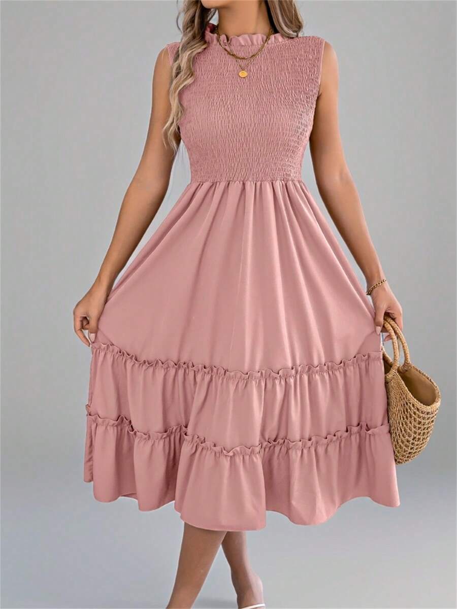 Summer Smocked Waist Dress Sleeveless Round Neck Ruffle Trim Flounce Hem Solid Color Beach Cover Up Resort Midi Vacation Essential Womens Pink Sundress - Hồng - Xem 1