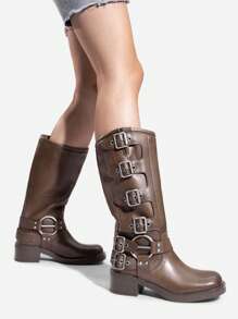 Women's Knee-High Boots, Comfortable Chunky Block Heel Pointed Toe Pull On Side Zipper Suede Slouch Riding Boots - Khaki - View 2