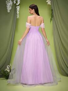 Mgiacy,New Arrival,Off Shoulder,Shining,Mesh Ruched,Elegant,3D Floral,Romantic,Bridesmaid Dress,Long Dress - Purple - View 3