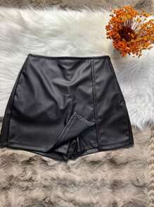 PREMIUM FAKE LEATHER SKIRT SHORT WITH FRONT SLIT Without Belt Autumn And Winter - màu đen - Xem 3