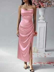 Vestido de verano para mujer Look Polly, vestido de falda larga de seda de unicolor con tirantes, vestido de boda para mujer, ropa de mujer para otoño, ropa de vuelta al colegio, vestido de fiesta para mujer con hombros descubiertos, vestido de graduación, falda larga elegante y sexy con piernas expuestas