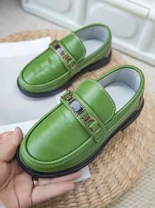 Spring New Fashion Kids Versatile Round Toe Metal Buckle Slip-On Loafers - Green - View 5