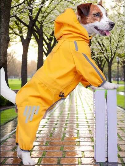 Bright Yellow Waterproof Dog Raincoat With Reflective Strap - Adjustable Hooded Poncho For Small, Medium & Large Breeds - Machine Washable Polyester - Stylish Design, Reflective Dog | Hooded Dog Coat | Adjustable Dog Rainwear, Dog Raincoat Waterproof