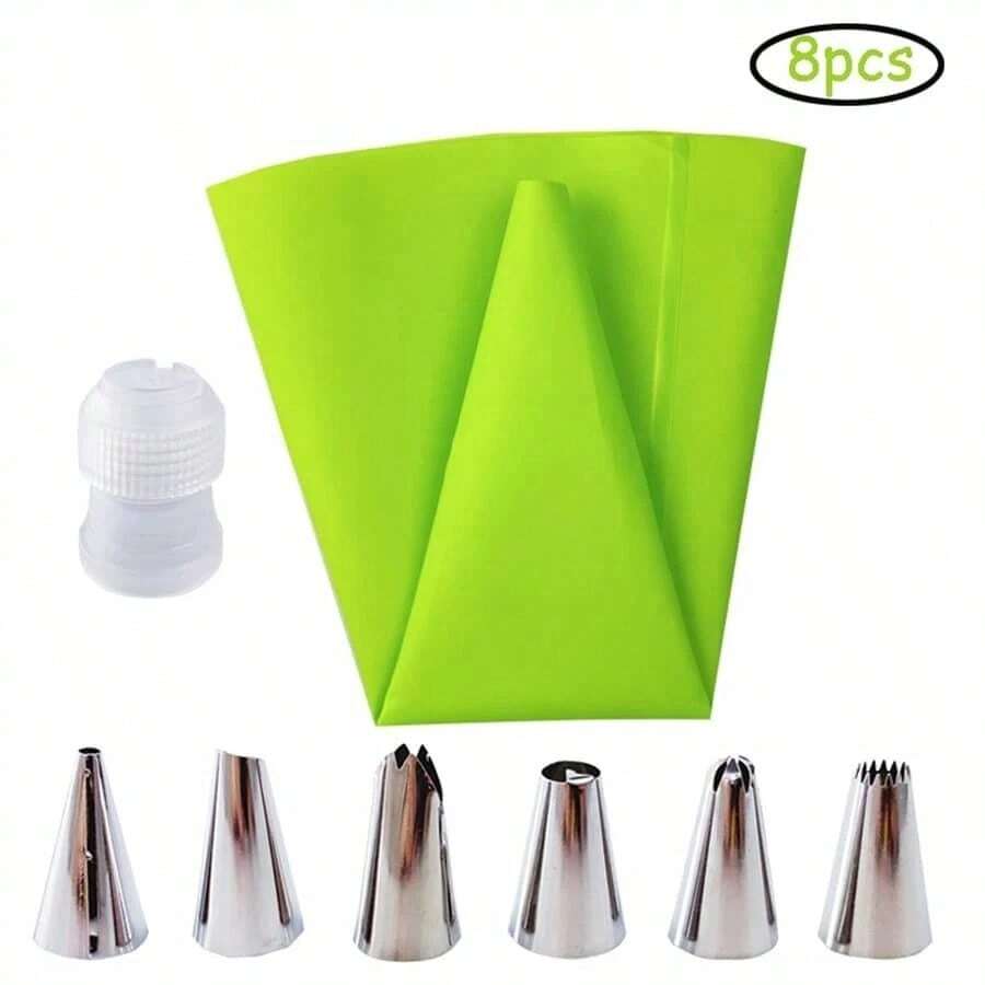 8Pcs Silicone Icing Piping Bag Set, Pastry Piping Bags Sets, Reusable Cream Pastry Bag And 6 Stainless Steel Nozzles, DIY Cake Decorating Supplies Kit(6Pcs Nozzle+1pc Pastry Bag+1pc White Converter) - Green - View 1