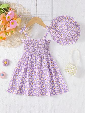 MommBaby Mommbabay Summer Baby/Toddler Girl Bowknot Strap Dress, Children Cute Sleeveless Daisy Floral Fashion Sundress With Hat