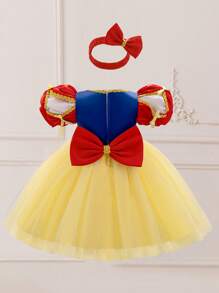 Baby Girls Yellow Puff Sleeve Embroidery Mesh Luxury Princess Dress, Suitable For Party