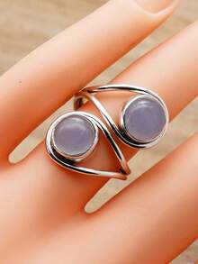 Blue Chalcedony 925 Sterling Silver Gemstone Adjustable Ring - 藍玉髓 - 查看 3