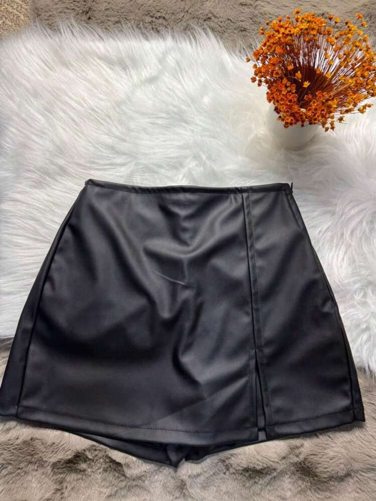 PREMIUM FAKE LEATHER SKIRT SHORT WITH FRONT SLIT Without Belt Autumn And Winter - 黑色 - 查看 1