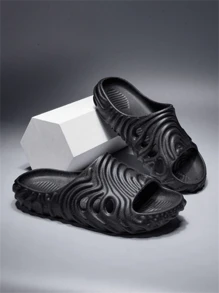 Unisex Fingerprint Lightweight, Elastic, Breathable Slide Sandals - Black - View 5