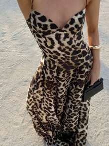 女式新款优雅抽腰大裙，日常休闲海滩度假风豹纹长裙优雅吊带超长露背性感吊带裙，Y2K 印花紧身系带修身复古长裙，春夏秋季 - 彩色 - 查看 3