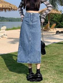 女式可调节腰部休闲复古水洗开衩下摆宽松长款牛仔裙 - 淺藍色 - 查看 3