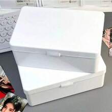 1 pieza Caja de almacenamiento con tapa abatible de plástico blanco, organizador a prueba de polvo para fotos, joyas, lápices labiales y útiles de oficina