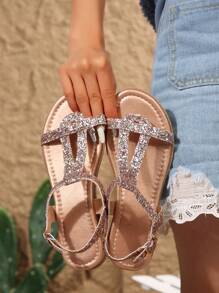 Wedge Sandals For Women With Round Toe,Glitter,Ankle Strap,Buckle - Rose Gold - View 7