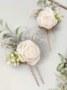 3pcs Rose Casual Fabric Floral Set, Bride Rose Headpiece, Wedding Flower Headband & Hair Clips Bridal Wedding Gift, Thanksgiving Gift For All Seasons - White - View 2