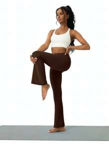 1pc Women Plus Size Flare Yoga Pants, Slimming Fashionable Workout High Waist Fitted Leggings With Pockets - Coffee Brown - View 5