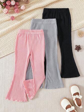 3pcs/Pack Girls Flared Pants Set, Casual Comfy Ribbed Knit, Sweet Flare Leg Trousers Suitable For Spring & Summer