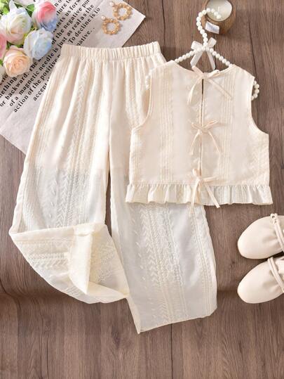 Vihyde 2件套青少年女孩蝴蝶结装饰蕾丝背心和半透明蕾丝裤