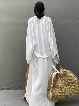 Damer i enfärgad lös Dolman Sleeve Lång Kimono Cover Up