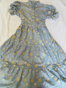 Women's Fashion Midi Dress In 3D Laise Fabric With Elastex On The Back And Button On The Front And Lining - 淺藍色 - 查看 1