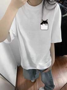 日式女式春夏圆领宽松可爱猫咪印花短袖T恤 - 白色 - 查看 3